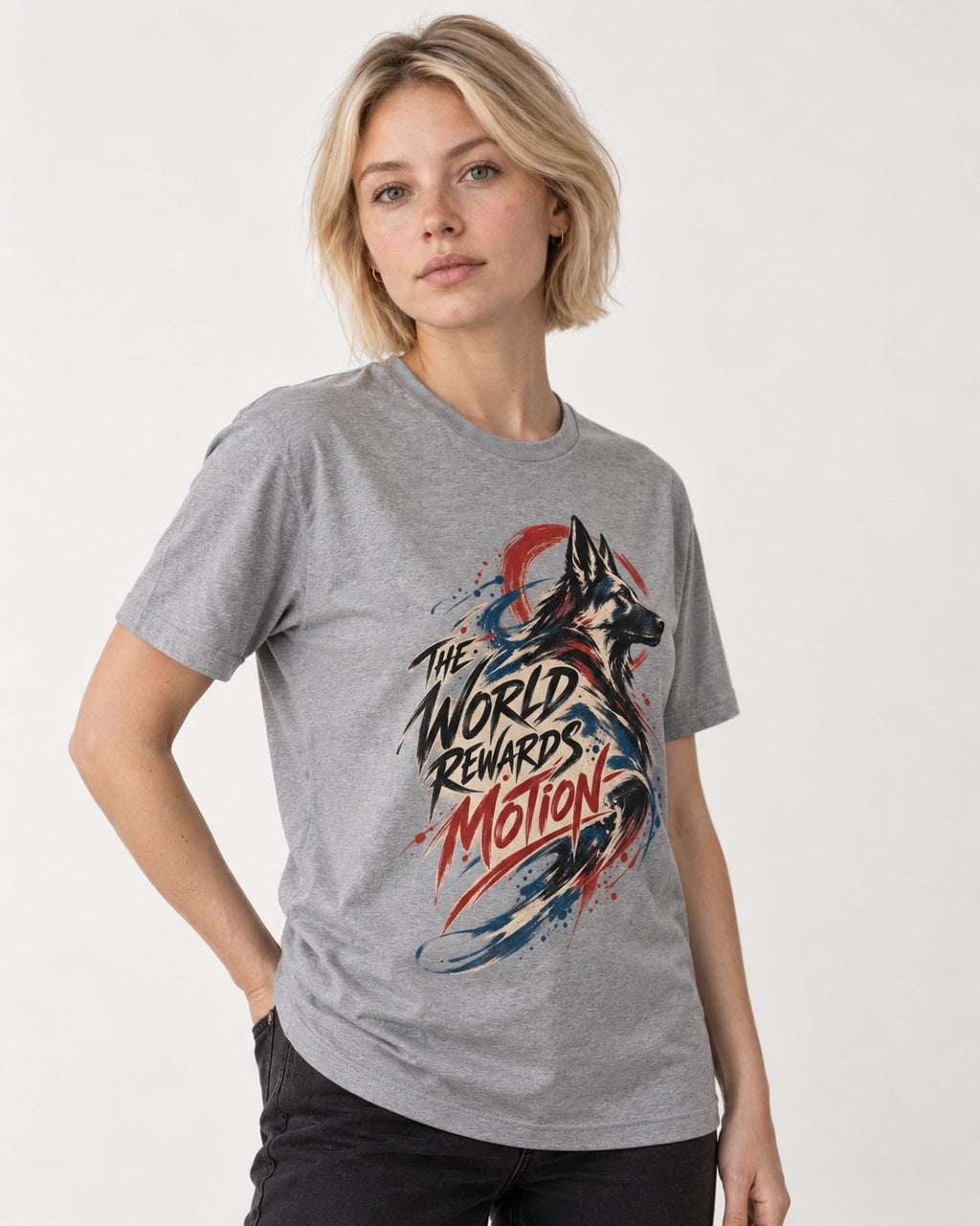 German Shepherd Dog The World Rewards Motion T-Shirt in Sport Grey, worn by a model
