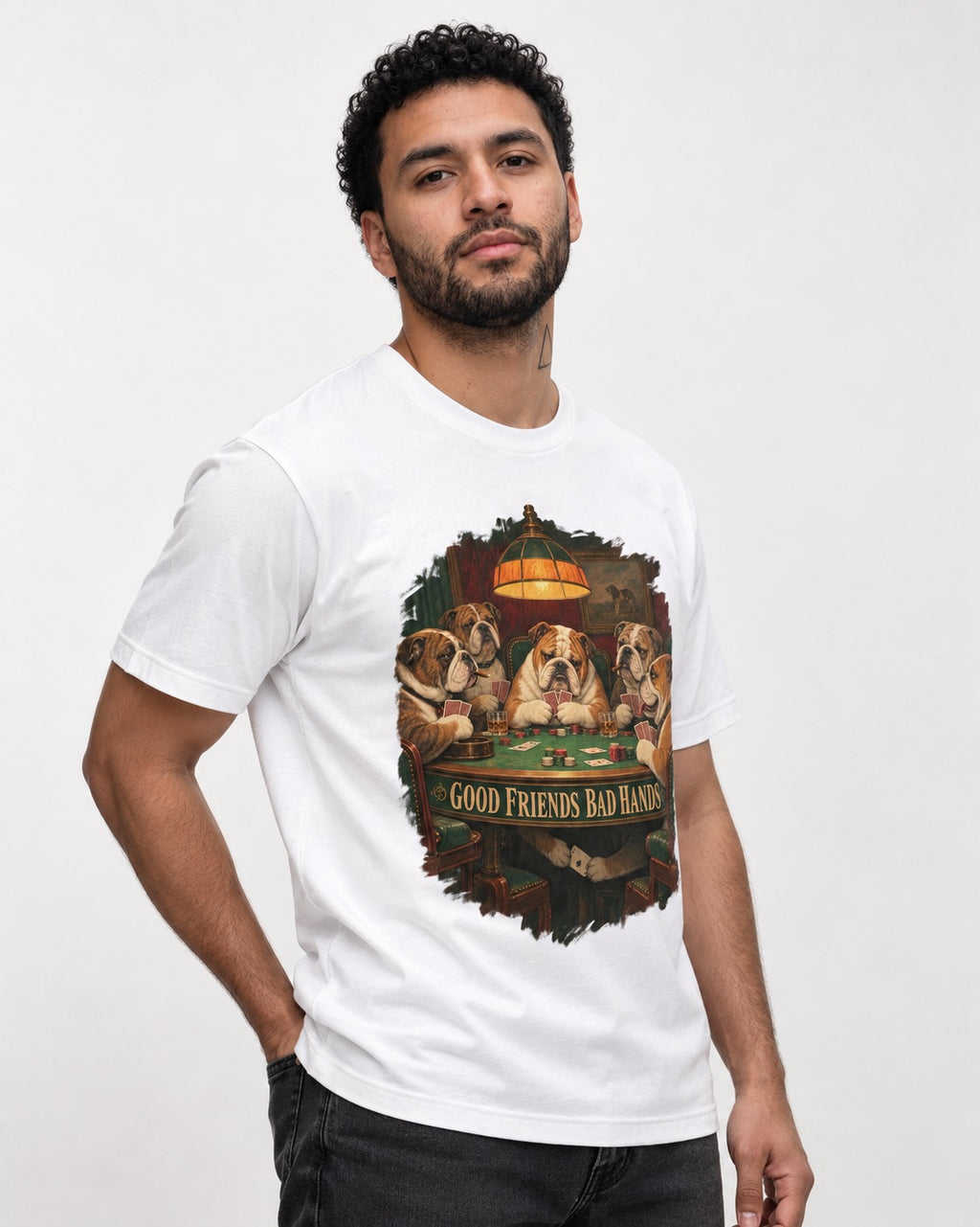 English Bulldog Good Friends Bad Hands Poker Graphic T-Shirt in White, worn by a model