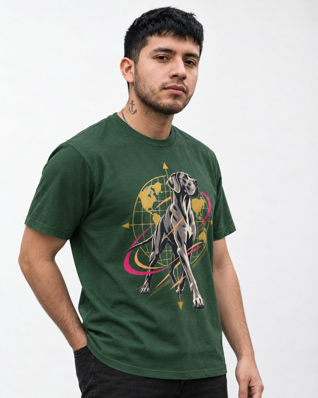 Great Dane Striding Globe Orbit Graphic T-Shirt in Forest Green, worn by a model