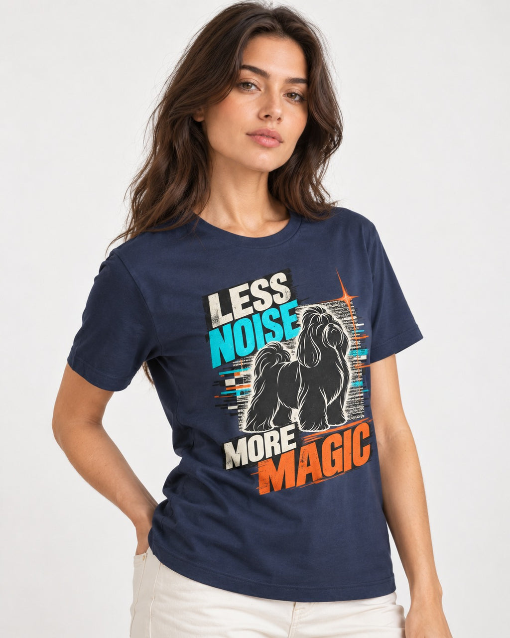 Shih Tzu Less Noise More Magic Pop Art Graphic T-Shirt in Navy, worn by a model