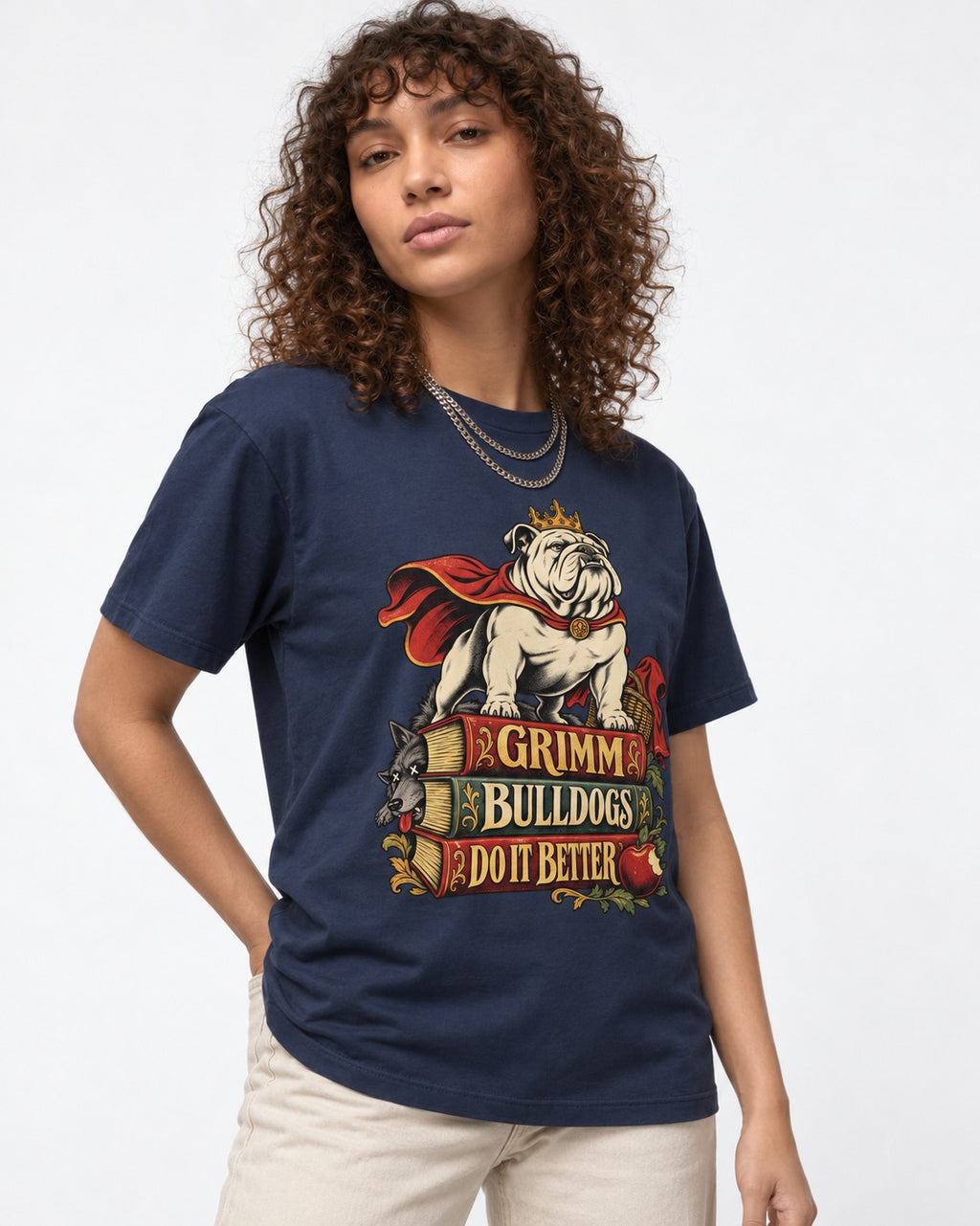 English Bulldog Grimm Bulldogs Do It Better Storybook Graphic T-Shirt in Navy, worn by a model