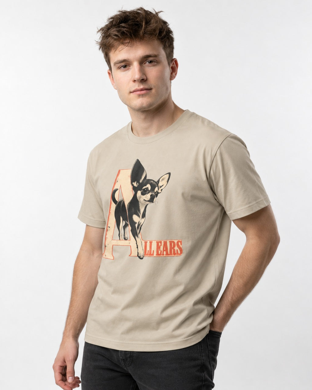 All Ears Chihuahua T-Shirt in Sand, worn by a model