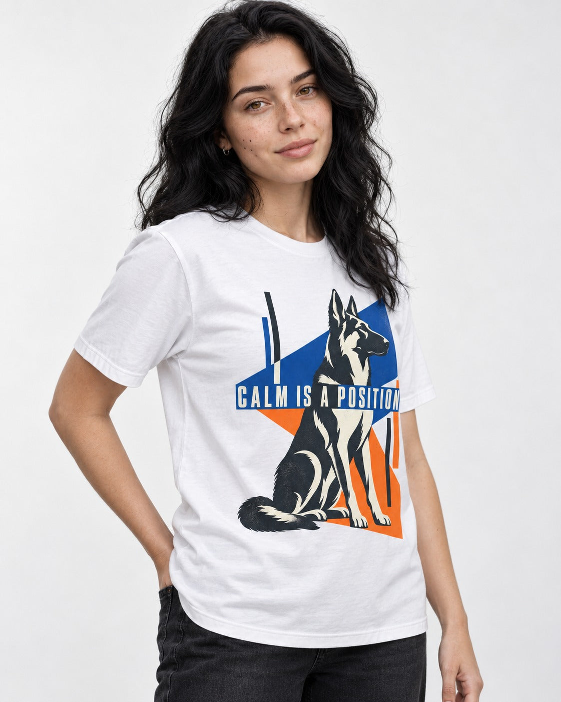 Calm Is A Position Geometric German Shepherd Dog Graphic T-Shirt in White, worn by a model