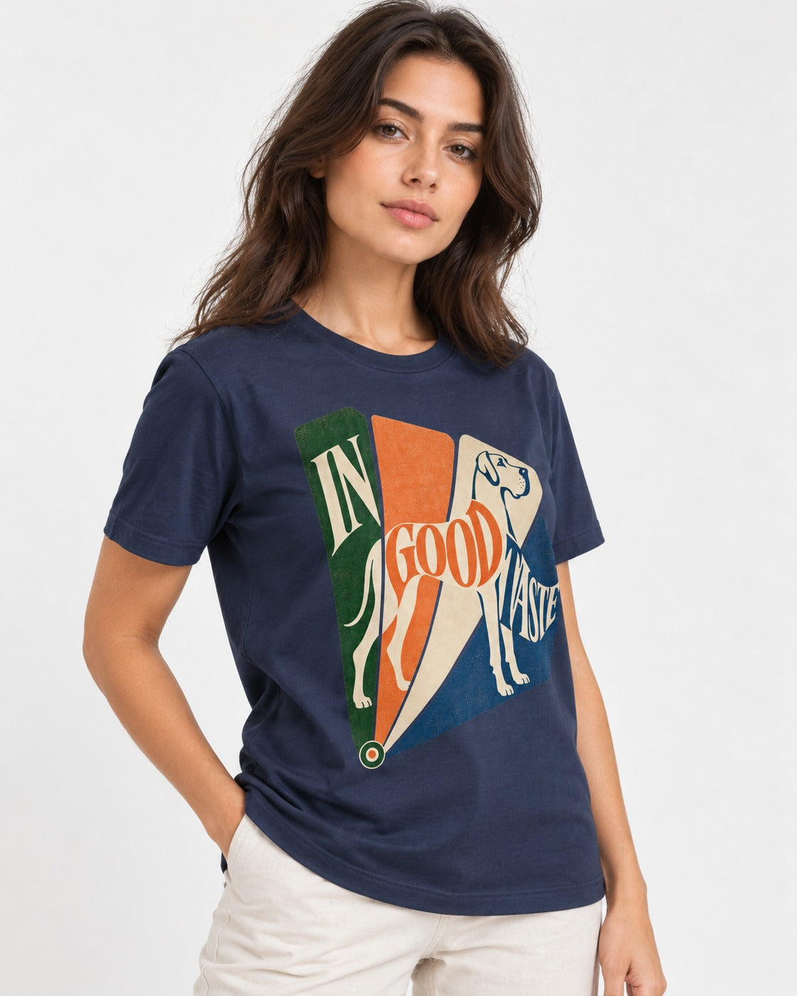 Great Dane In Good Taste Color Fan Graphic T-Shirt in Navy, worn by a model