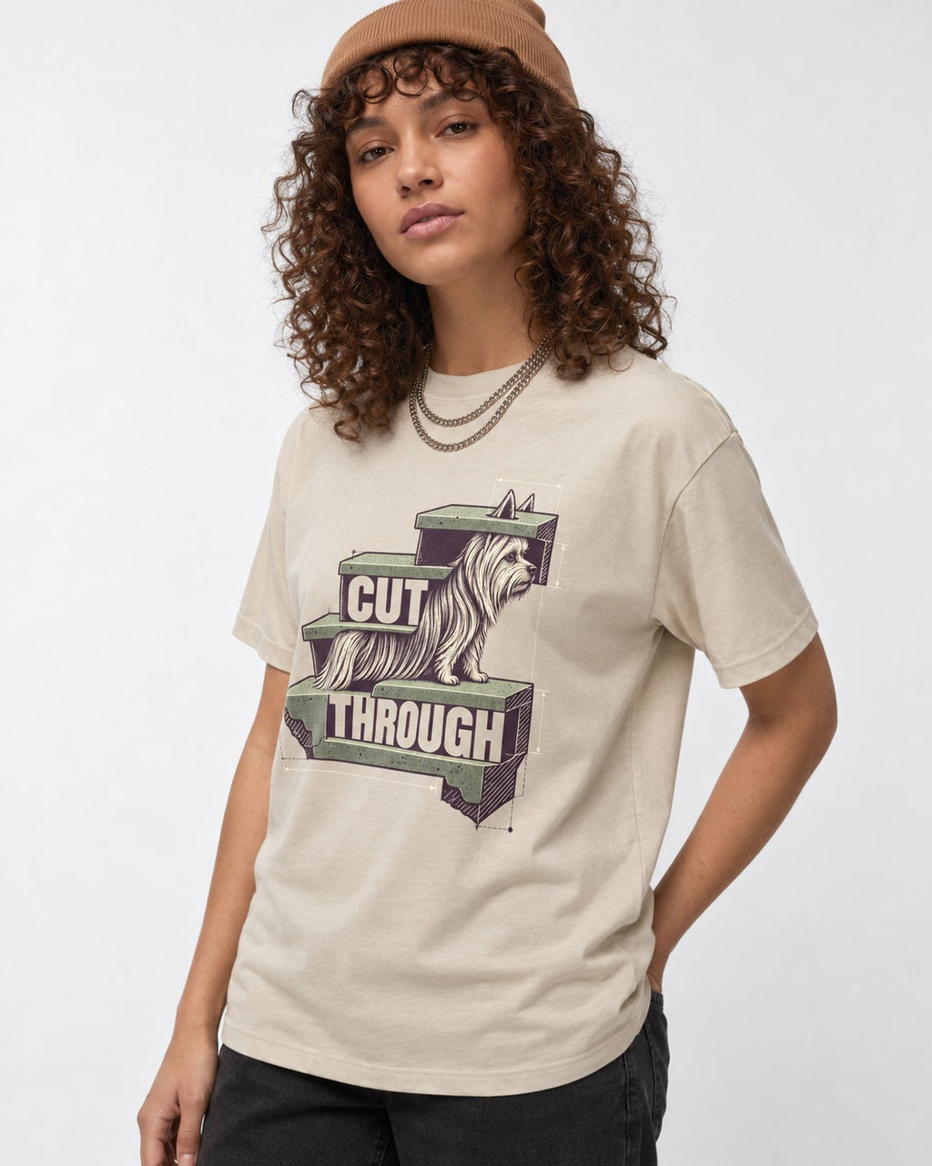 Yorkshire Terrier Cut Through T-Shirt in Sand, worn by a model