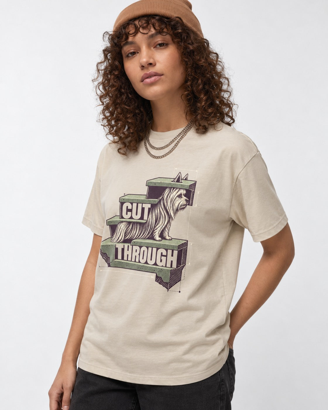 Yorkshire Terrier Cut Through T-Shirt in Sand, worn by a model