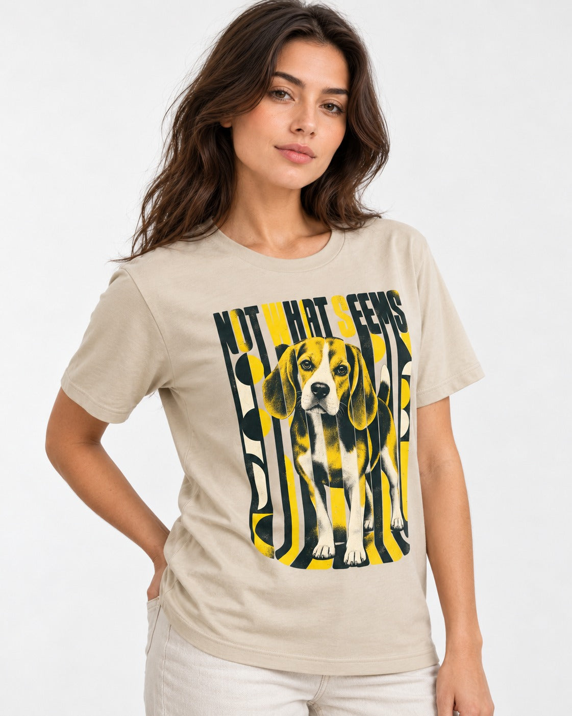 Not What It Seems Beagle T-Shirt in Sand, worn by a model