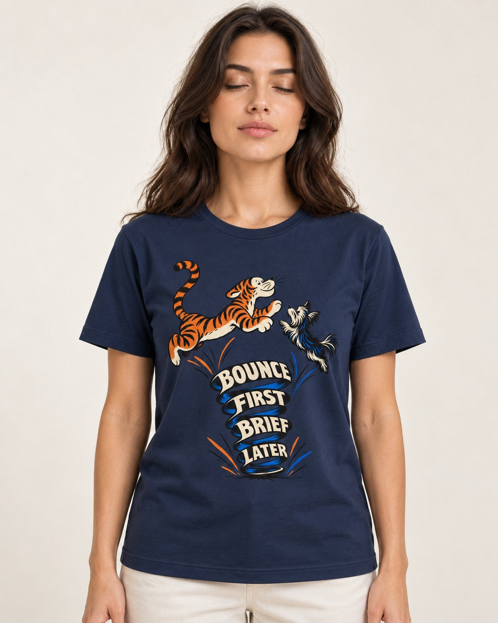 Yorkshire Terrier Bounce First Brief Later Tiger Graphic T-Shirt in Navy, worn by a model