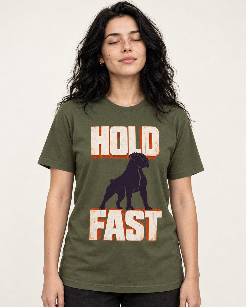 Hold Fast Boxer Typography Graphic T-Shirt in Heather Military Green, worn by a model