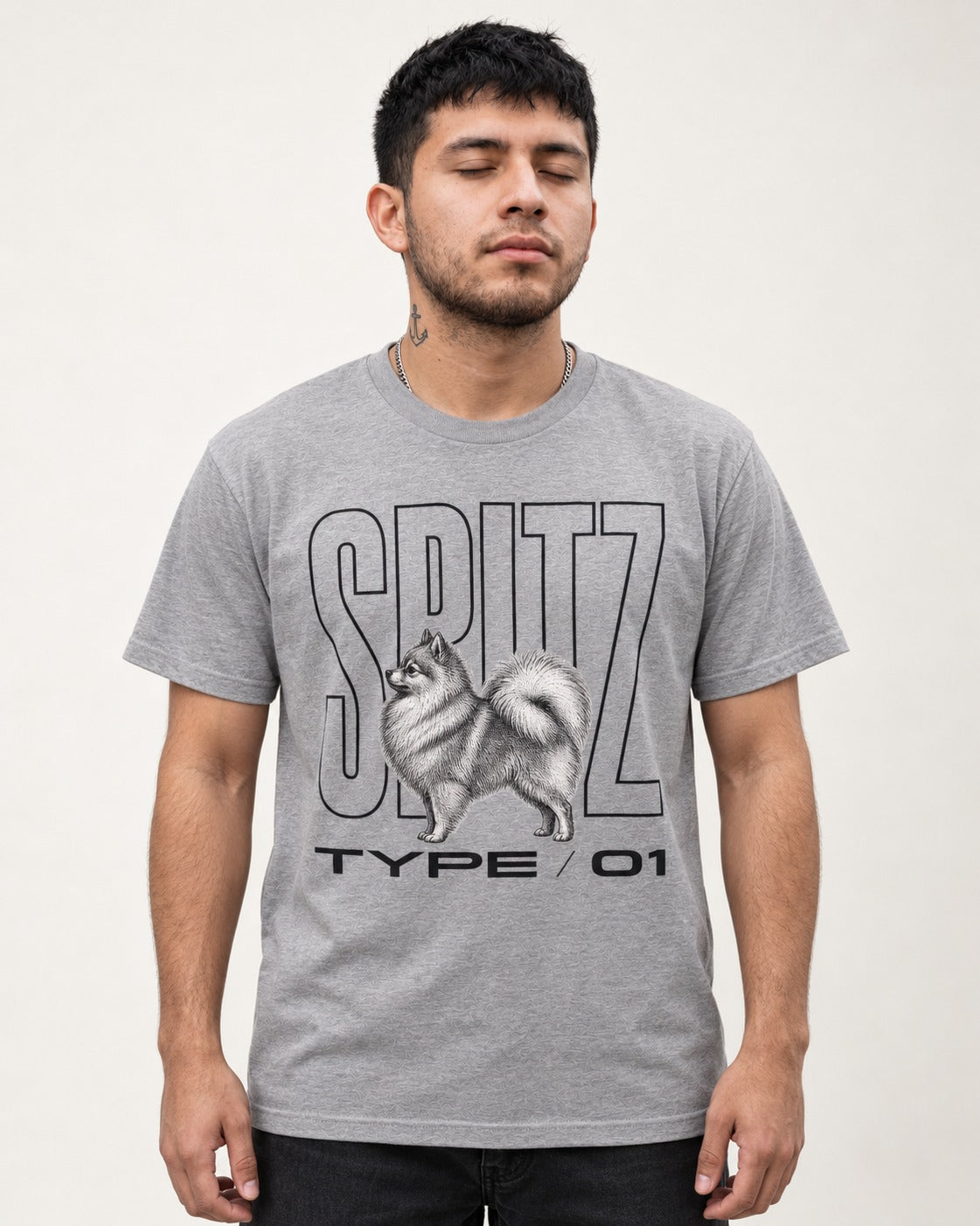 Pomeranian Spitz T-Shirt in Sport Grey, worn by a model
