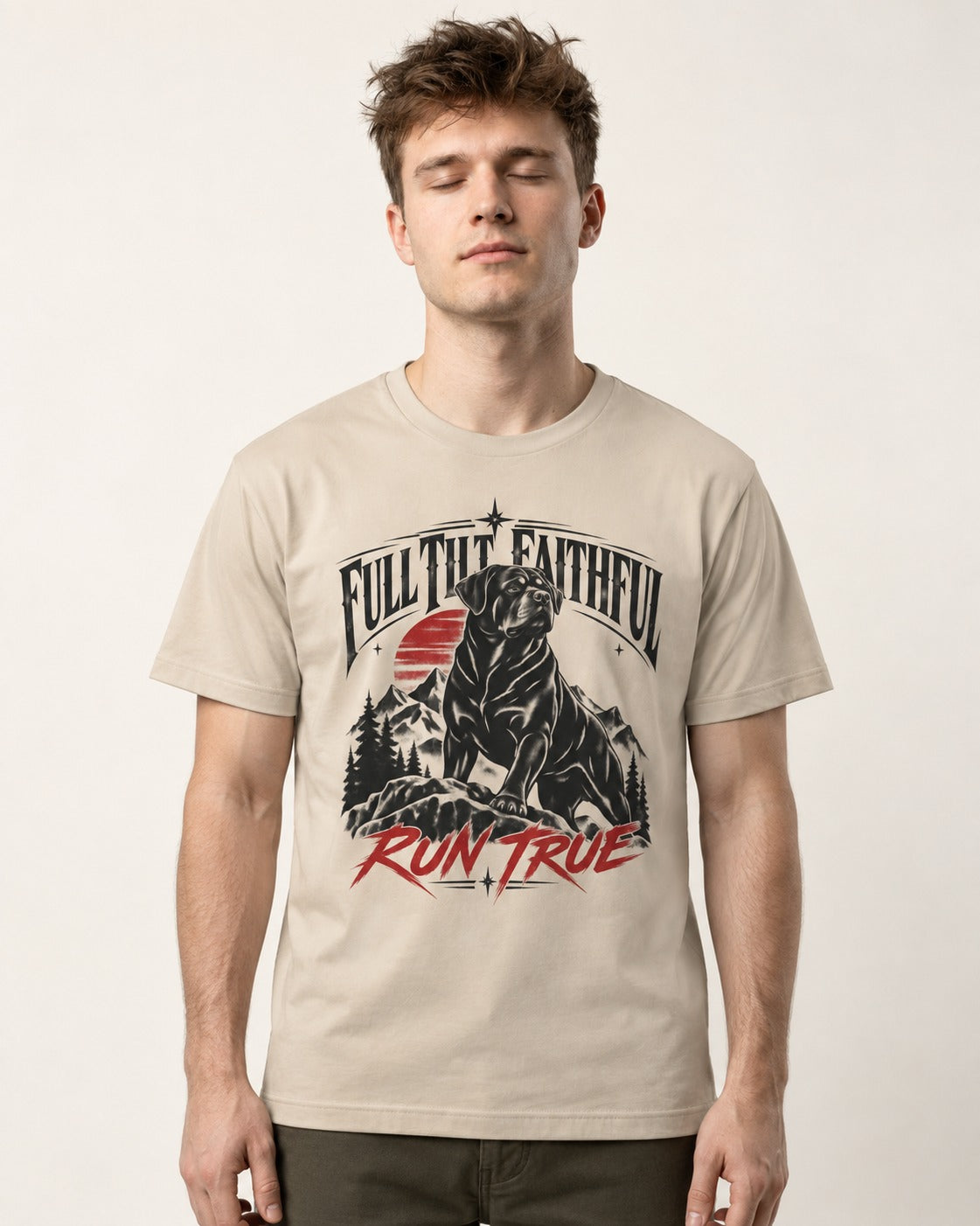 Run True Rottweiler T-Shirt in Sand, worn by a model