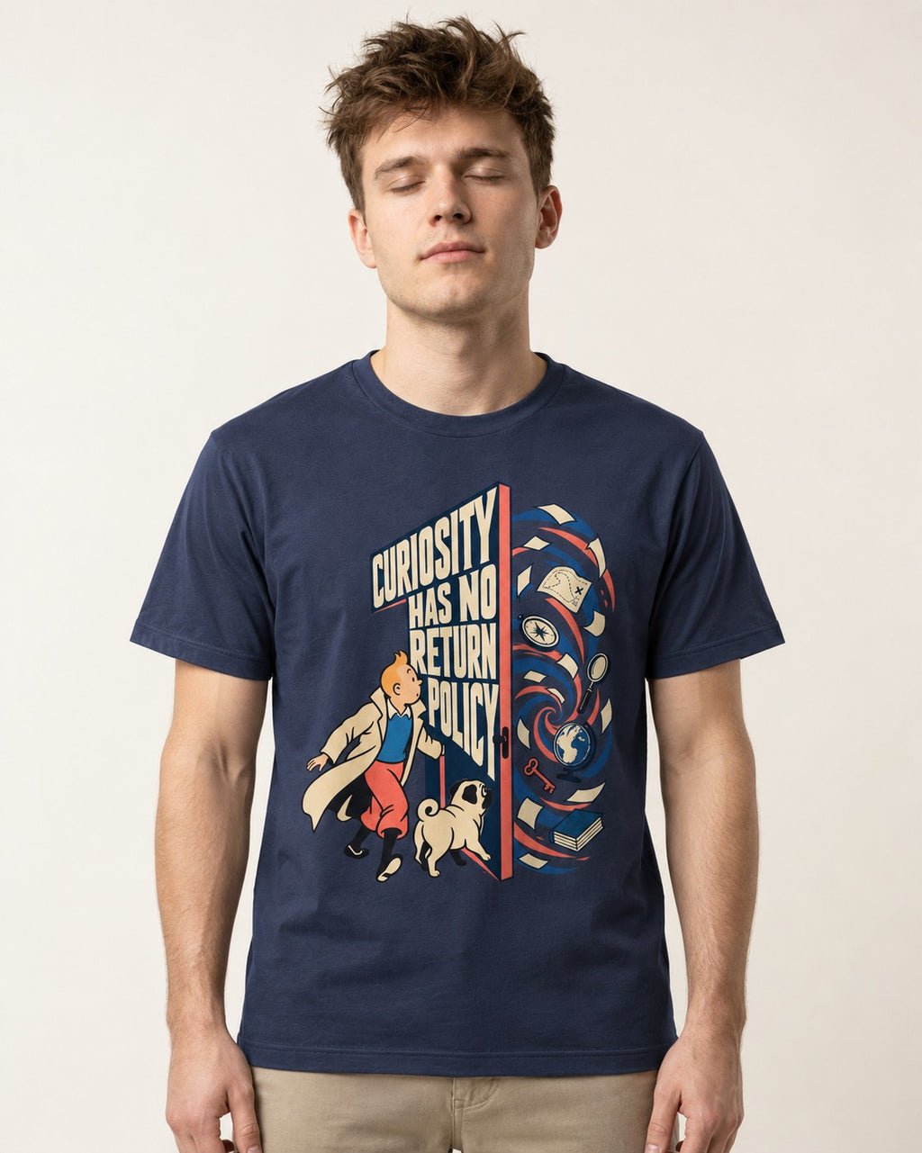 Pug Curiosity Has No Return Policy Portal Graphic T-Shirt in Navy, worn by a model