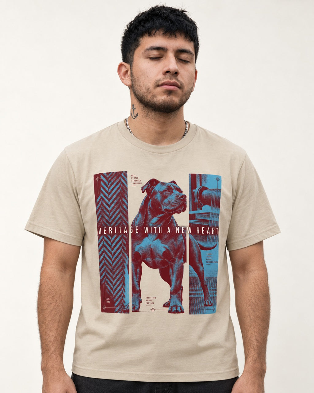 Pitbull Heritage with New Heart T-Shirt in Sand, worn by a model