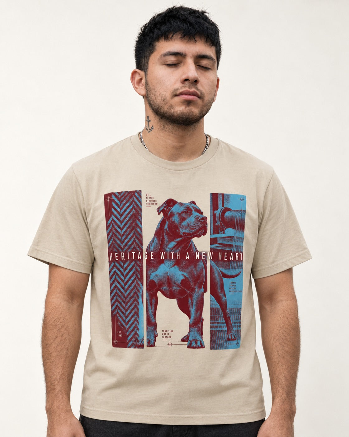 Pitbull Heritage with New Heart T-Shirt in Sand, worn by a model