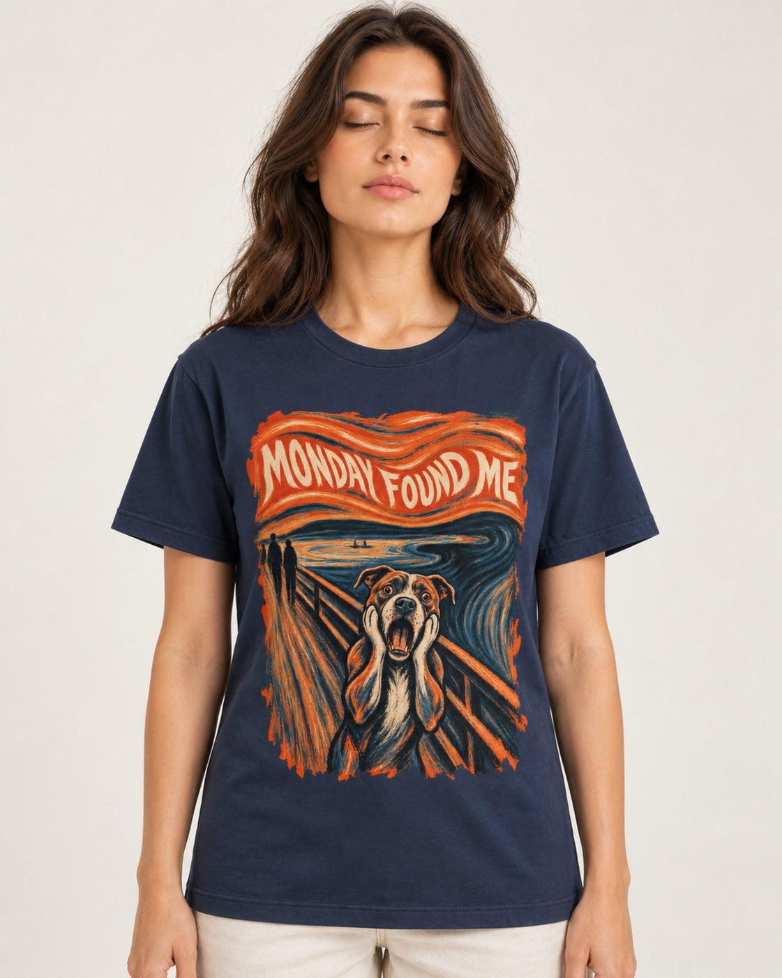 Pitbull Monday Found Me Expressionist Scream Graphic T-Shirt in Navy, worn by a model
