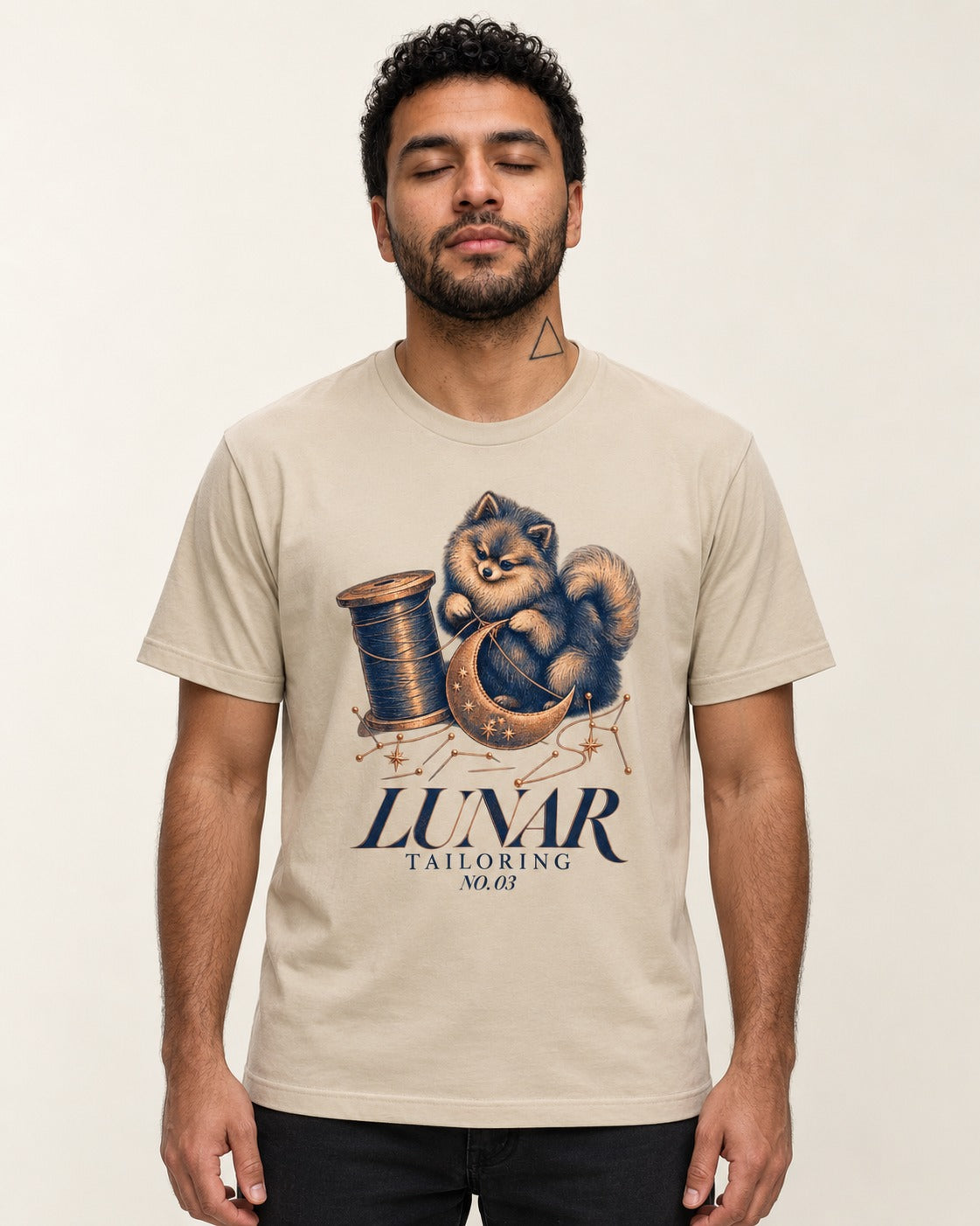Pomeranian's Lunar Tailoring T-Shirt in Sand, worn by a model