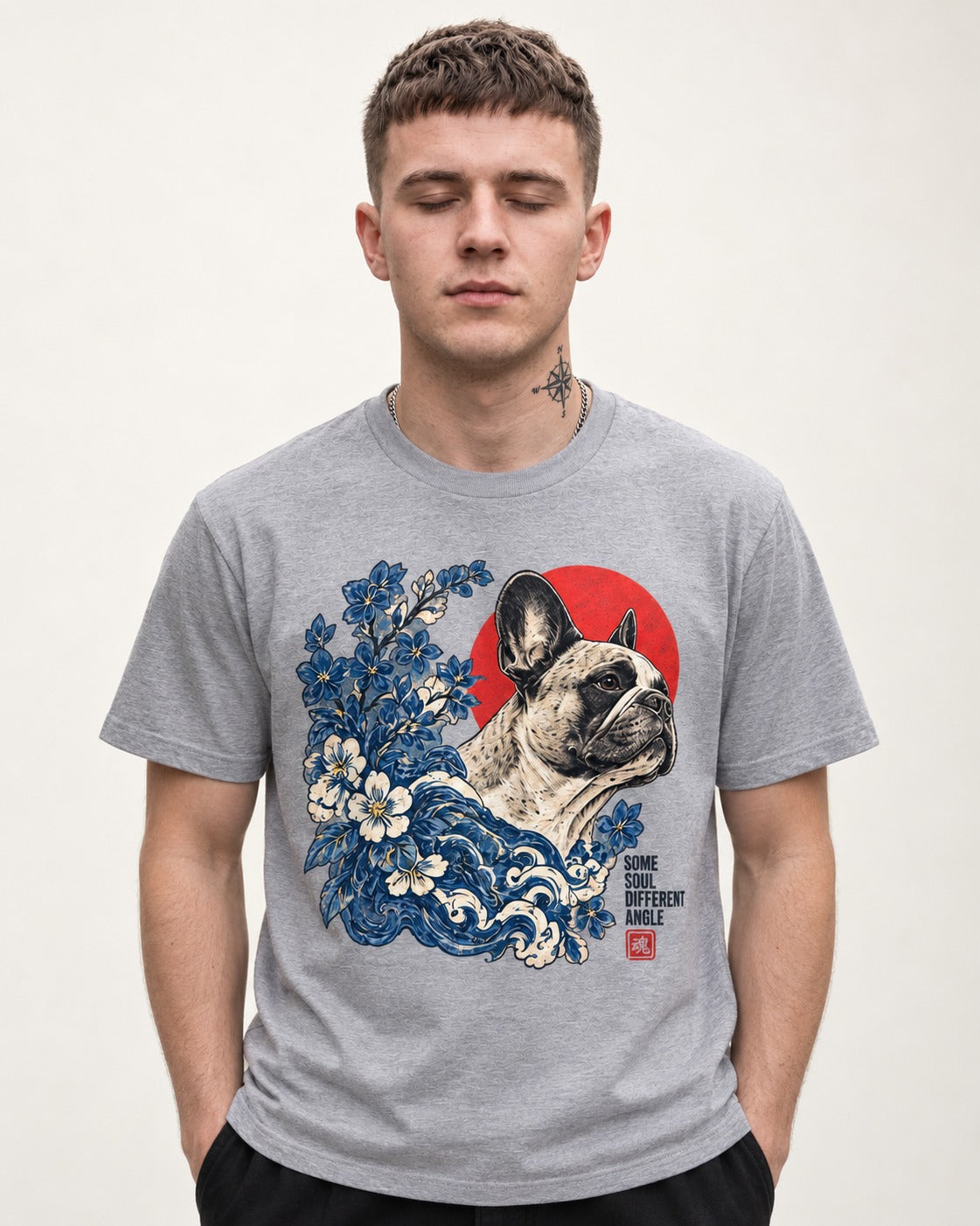 Some Soul Different Angle Frenchie T-Shirt in Sport Grey, worn by a model