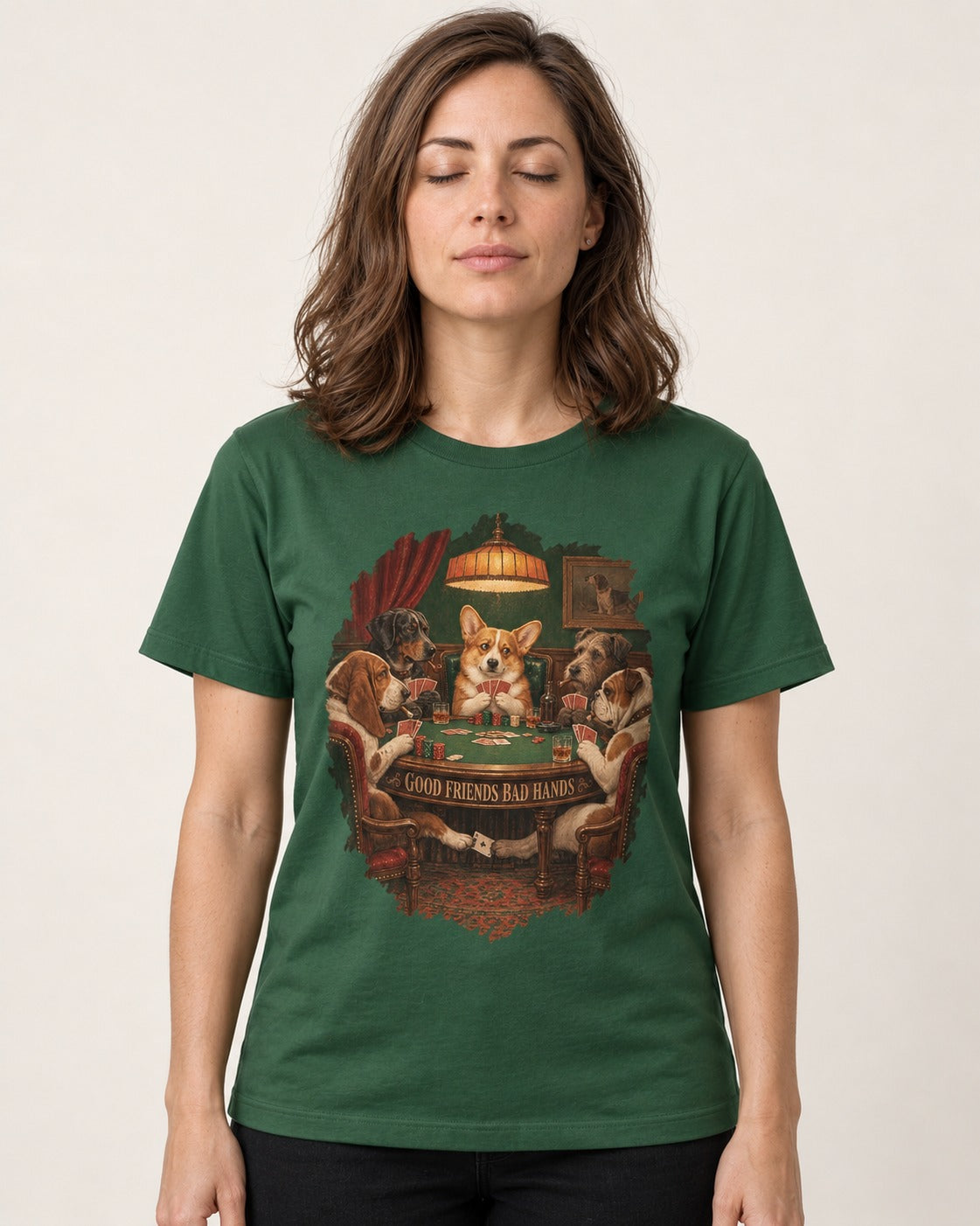 Corgi Good Friends Bad Hands Poker Night T-Shirt in Forest Green, worn by a model