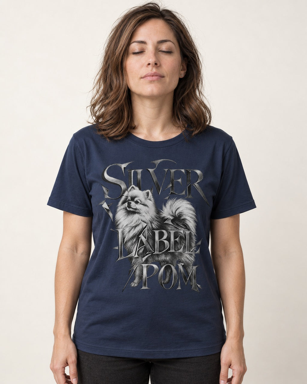 Pomeranian Silver Label Metallic Typography Graphic T-Shirt in Navy, worn by a model