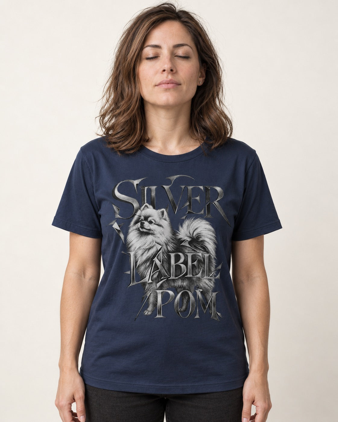 Pomeranian Silver Label Metallic Typography Graphic T-Shirt in Navy, worn by a model