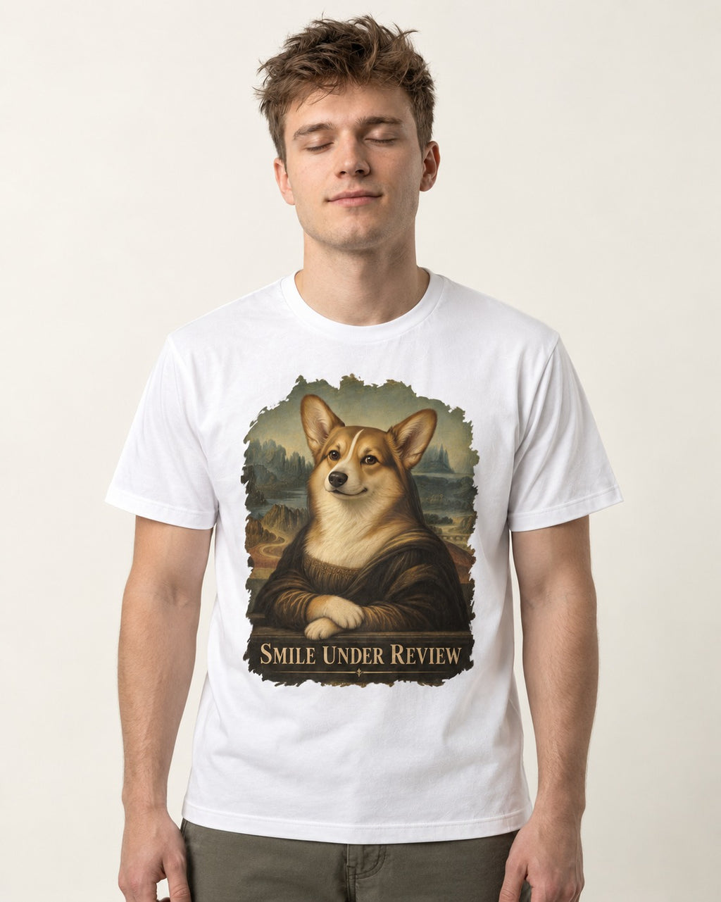 Corgi Smile Under Review Mona Lisa Portrait T-Shirt in White, worn by a model