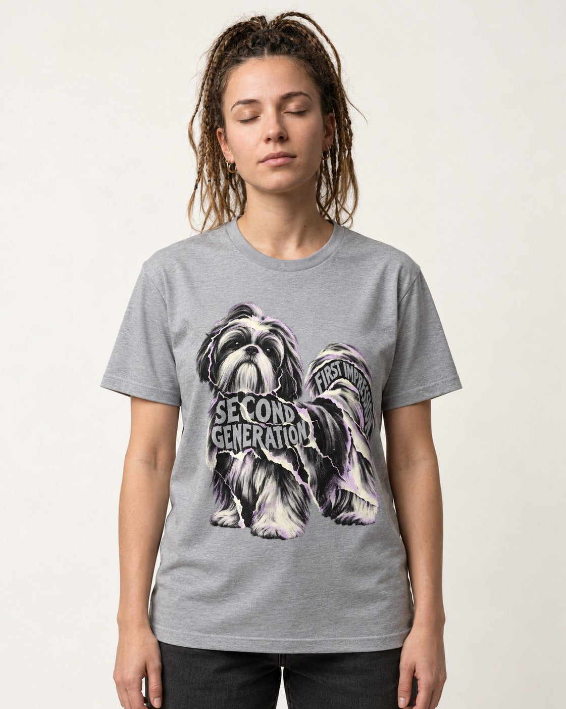 Second Generation Shih Tzu T-Shirt in Sport Grey, worn by a model