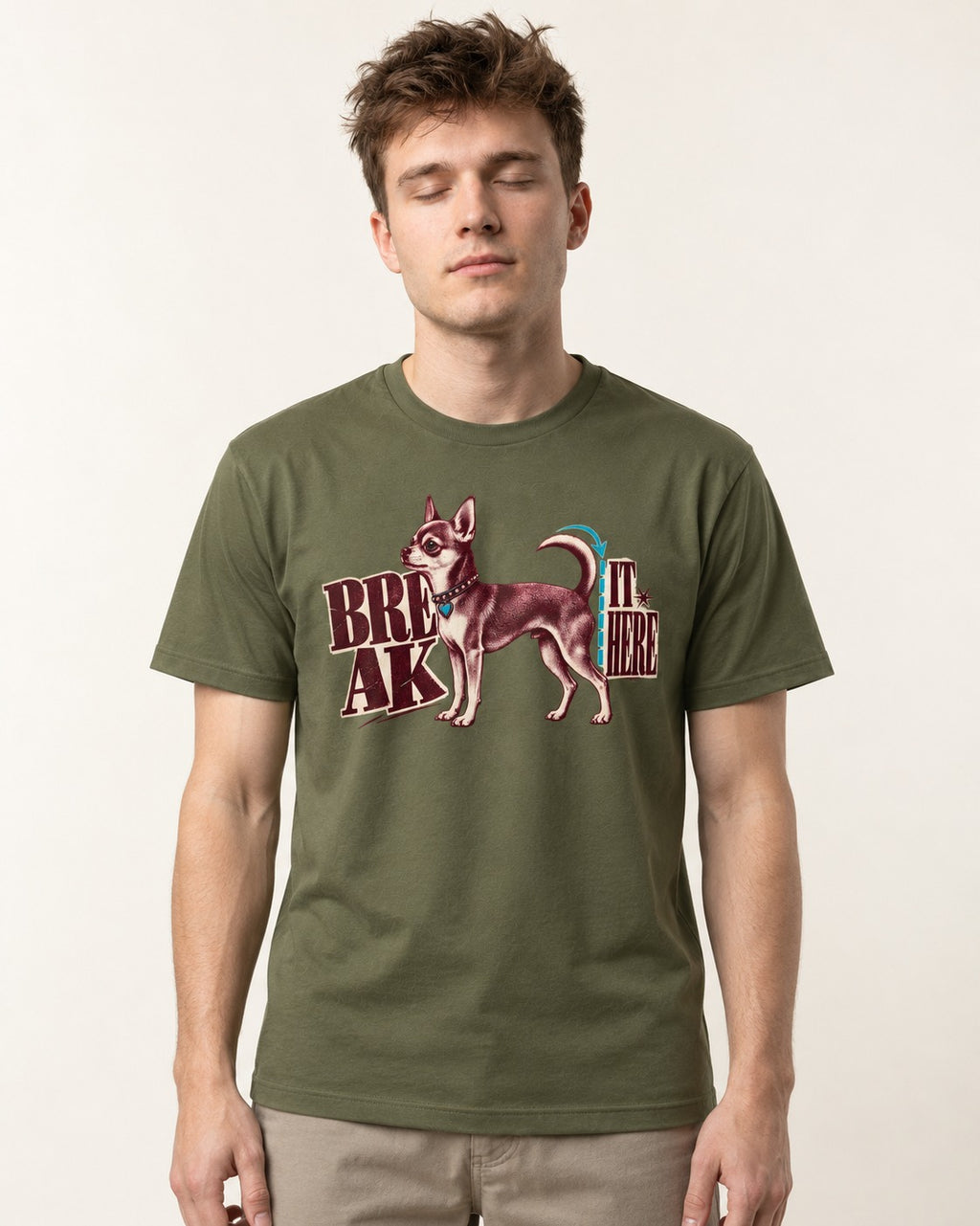 Chihuahua Break It Here Perforation Graphic T-Shirt in Heather Military Green, worn by a model