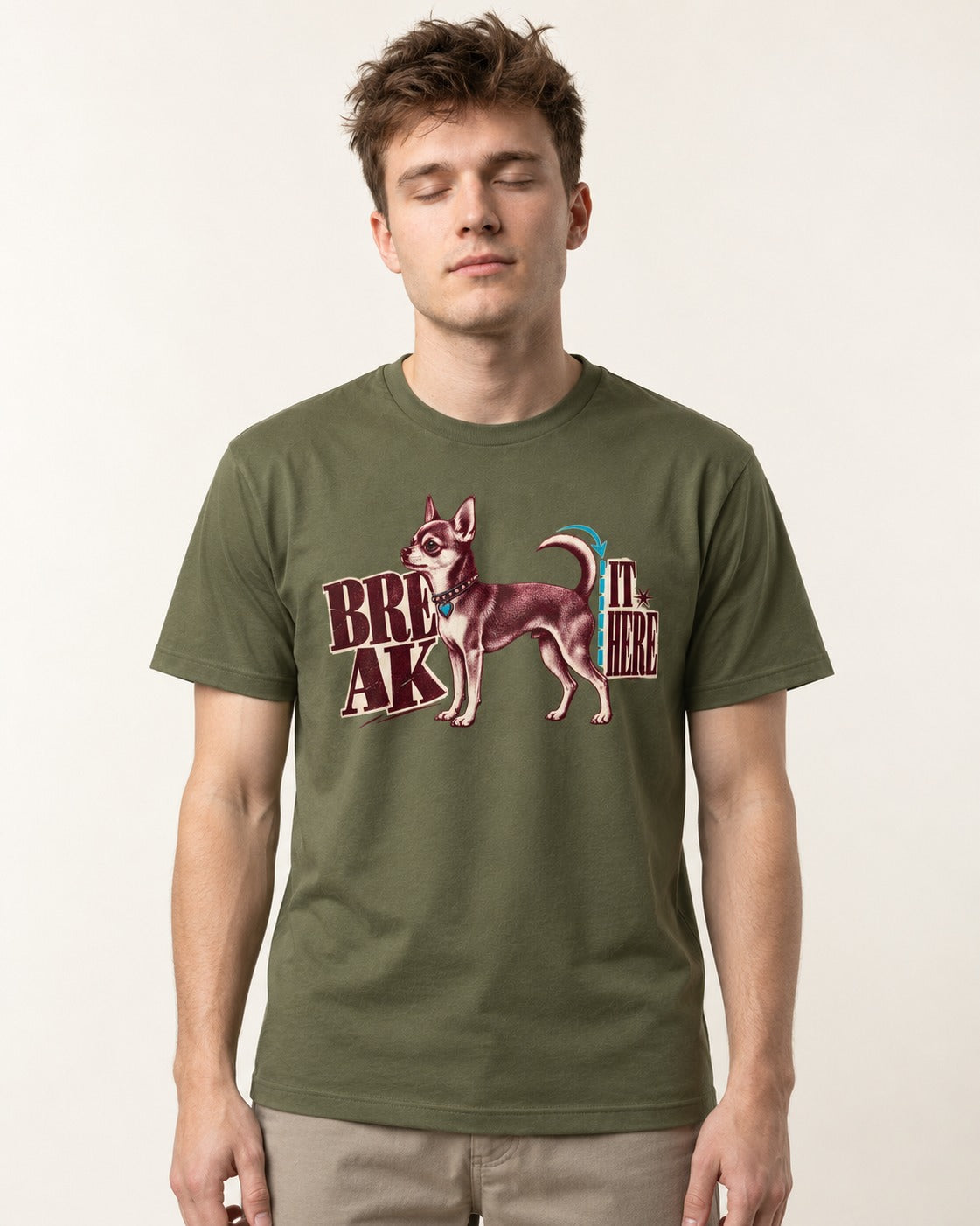 Chihuahua Break It Here Perforation Graphic T-Shirt in Heather Military Green, worn by a model