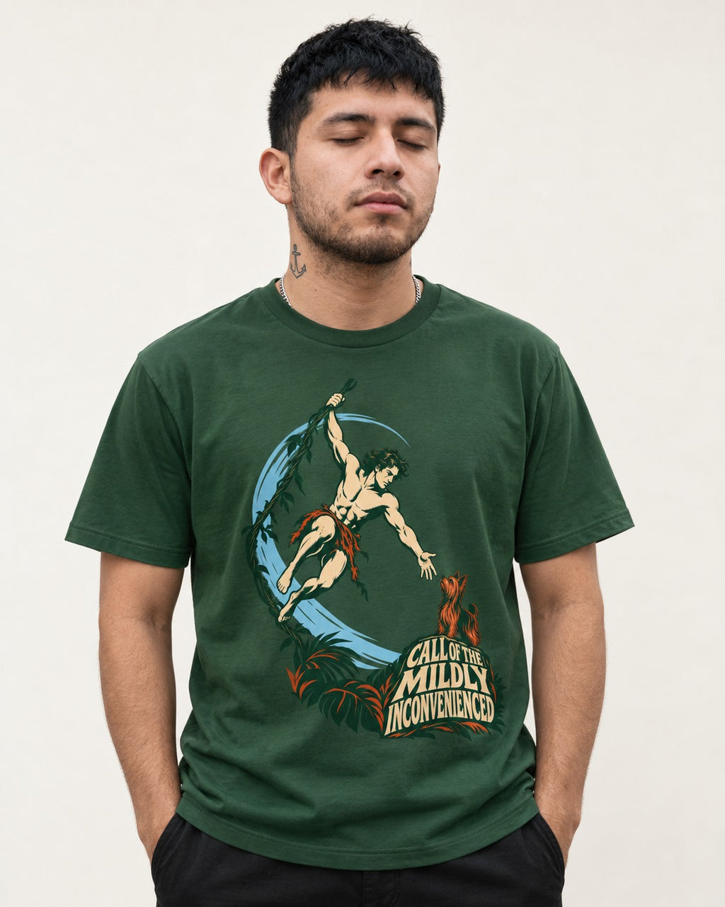 Yorkshire Terrier Call of the Mildly Inconvenienced Vine Swing Graphic T-Shirt in Forest Green, worn by a model