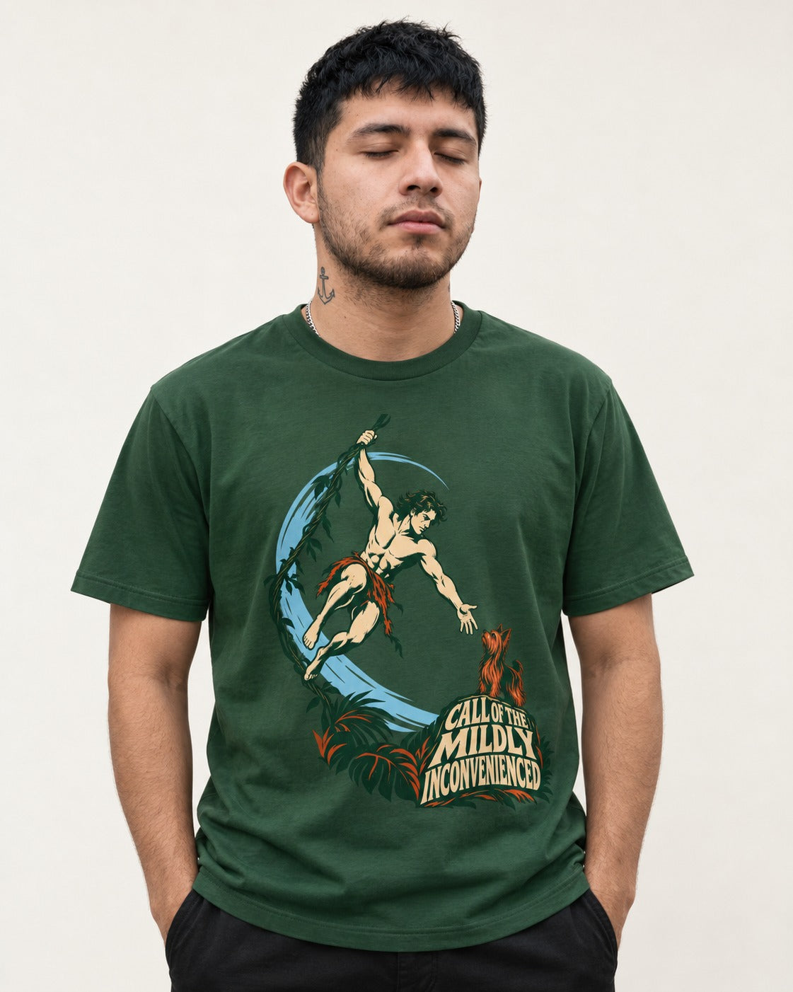 Yorkshire Terrier Call of the Mildly Inconvenienced Vine Swing Graphic T-Shirt in Forest Green, worn by a model