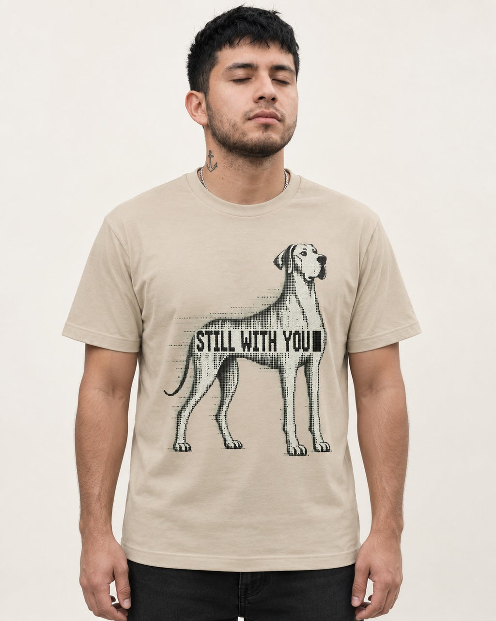 Still with You Great Dane T-Shirt in Sand, worn by a model