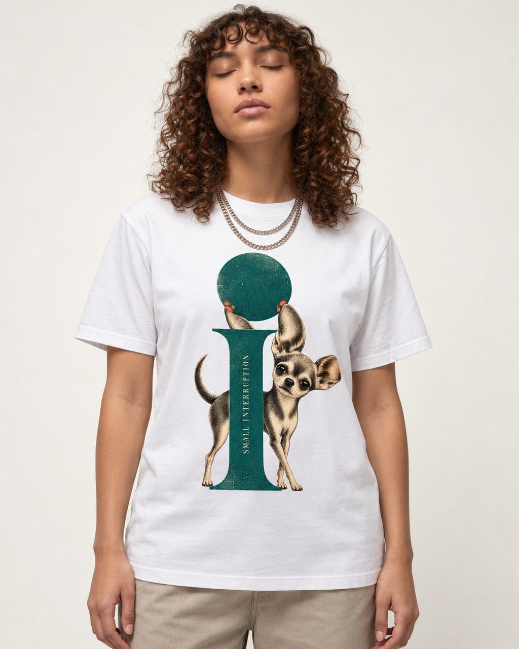 Chihuahua Small Interruption Geometric Portrait T-Shirt in White, worn by a model