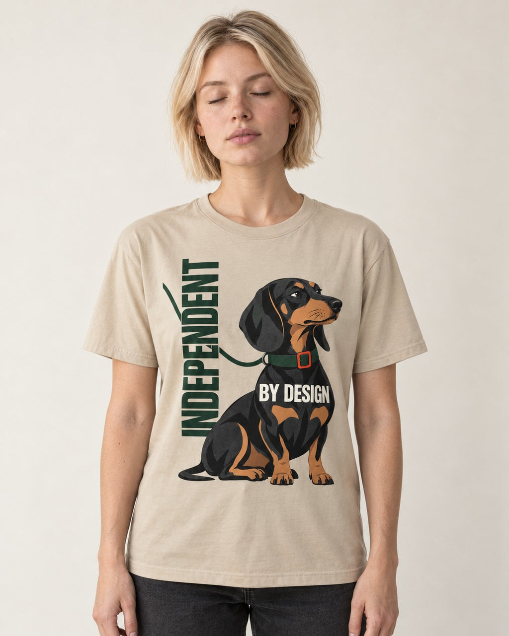 Independent Dachshund T-Shirt in Sand, worn by a model