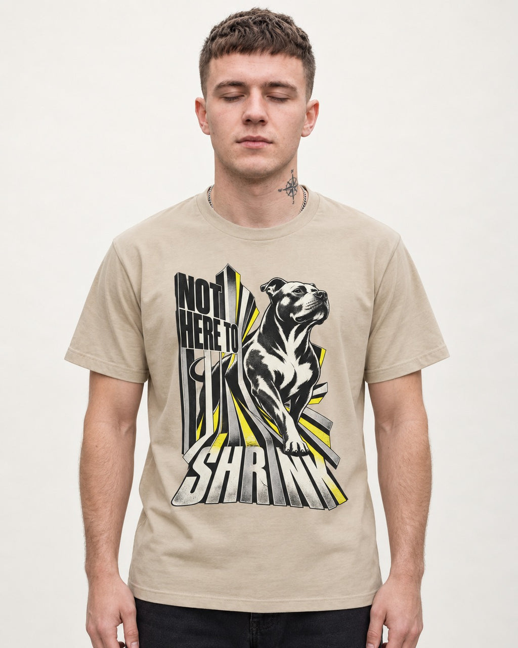 Not Here to Share Pitbull T-Shirt in Sand, worn by a model
