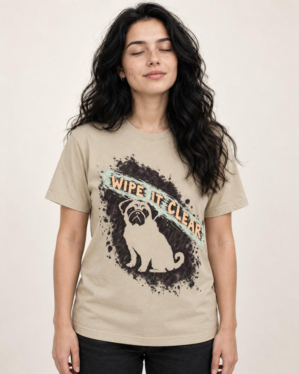 Pug Wipe It Clear T-Shirt in Sand, worn by a model
