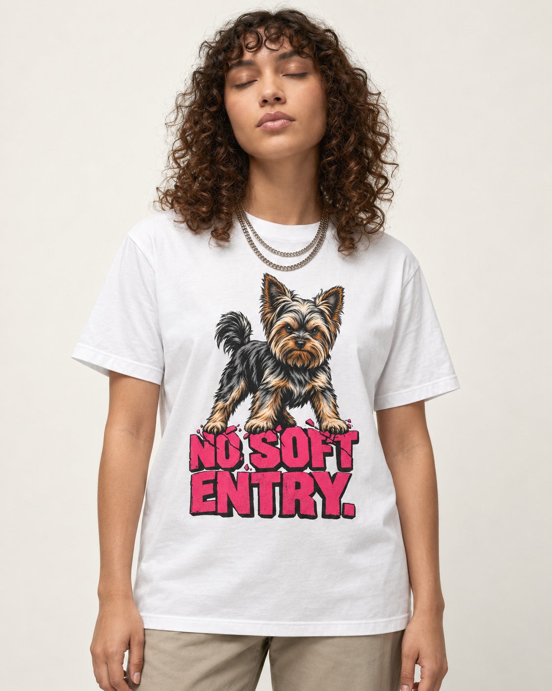 Yorkshire Terrier No Soft Entry Stance Graphic T-Shirt in White, worn by a model