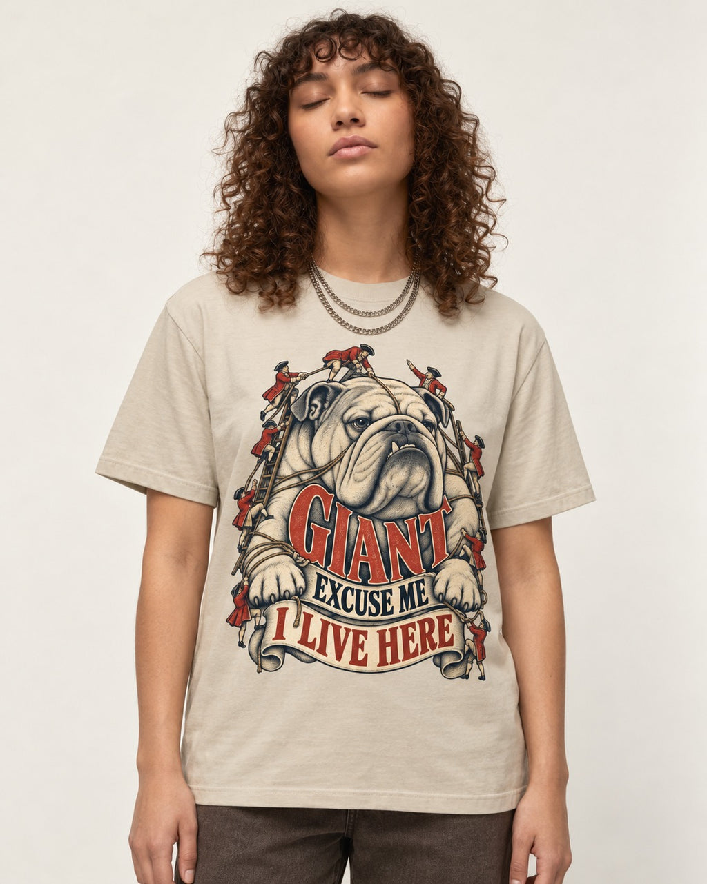 English Bulldog I Live Here T-Shirt in Sand, worn by a model