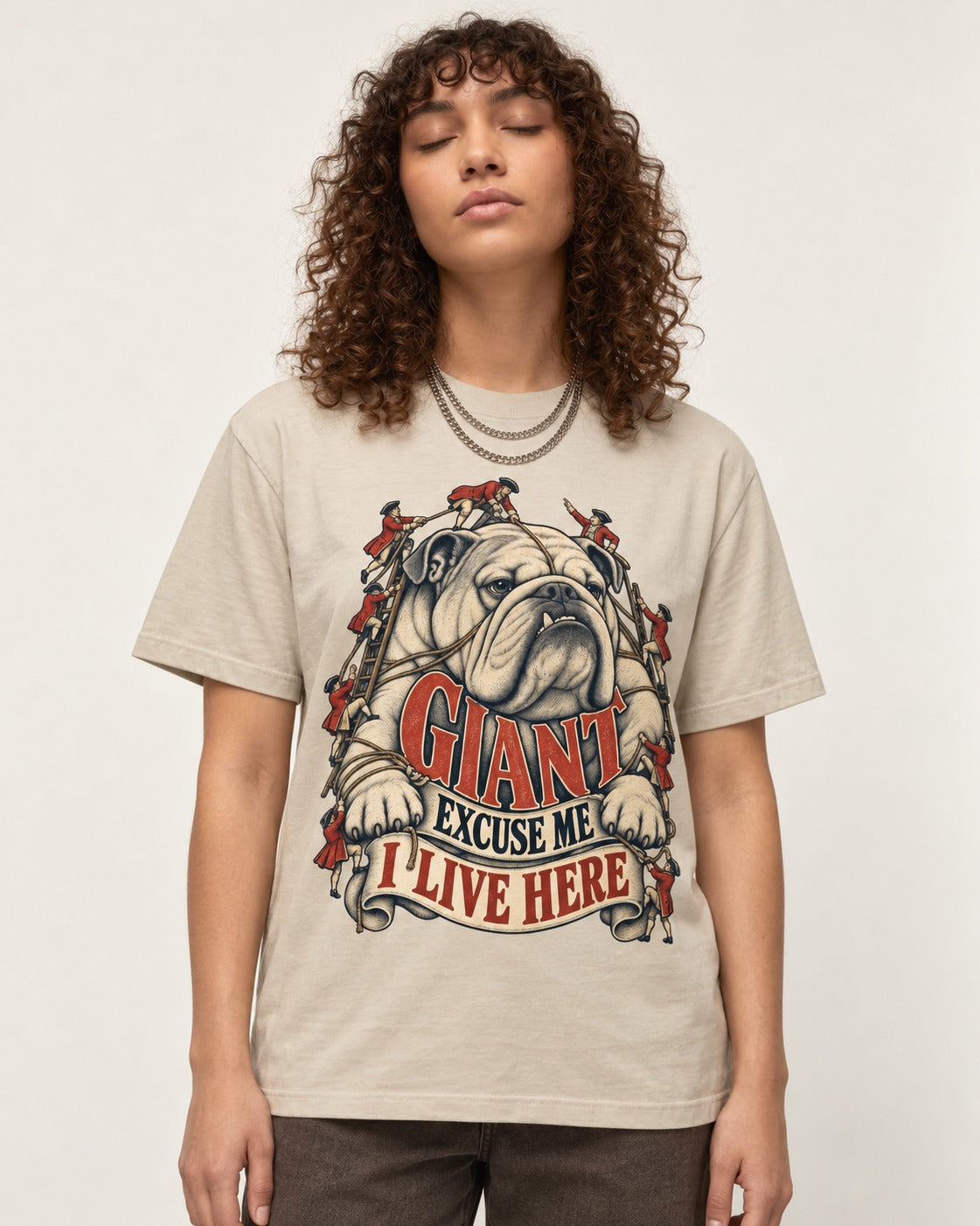 English Bulldog I Live Here T-Shirt in Sand, worn by a model