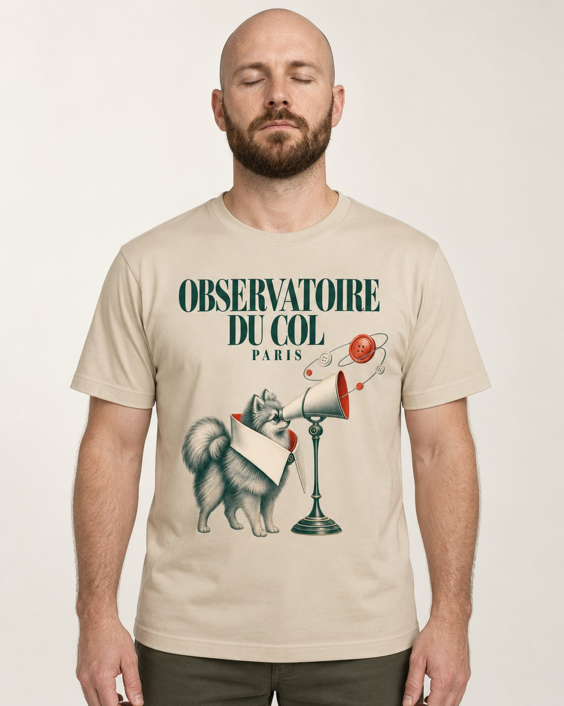 Pomeranian Observatoire Du Col T-Shirt in Sand, worn by a model