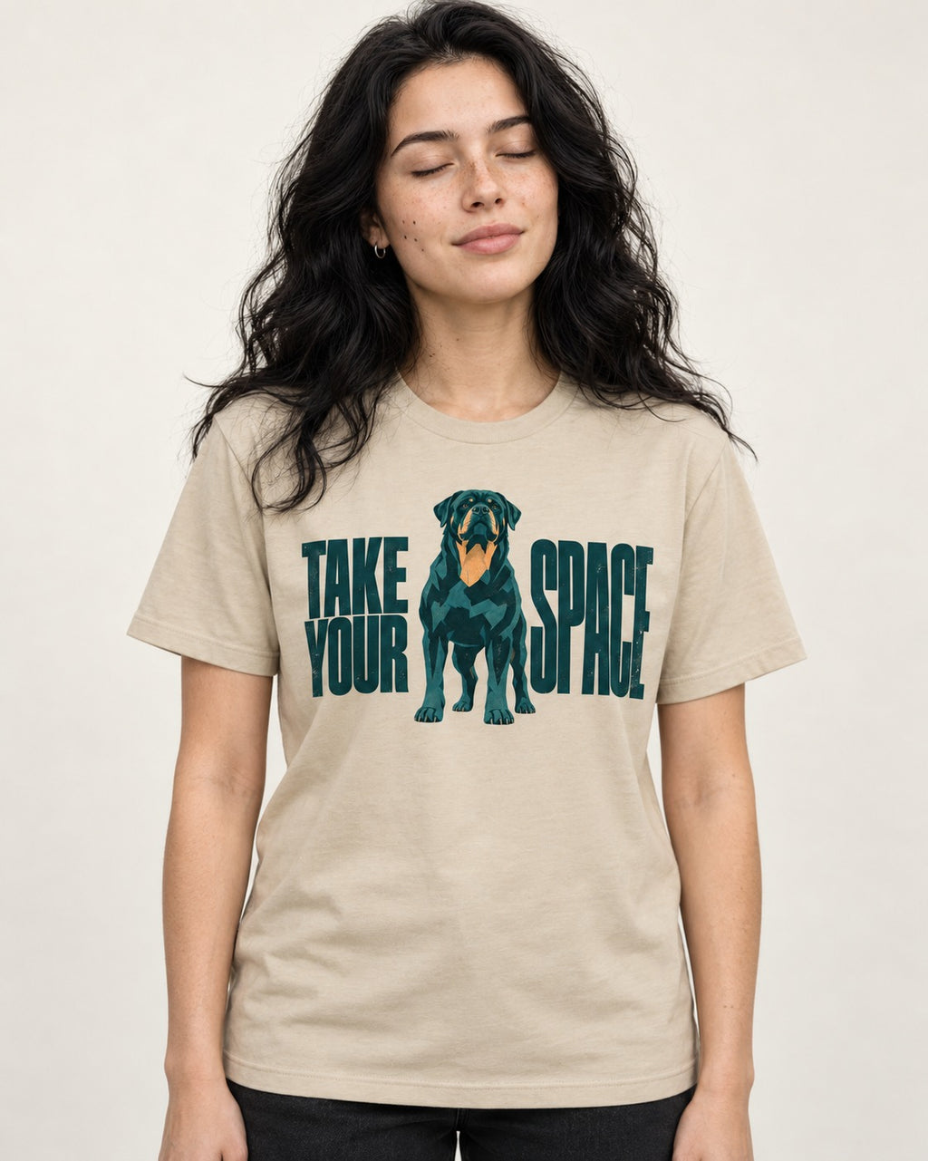 Rottweiler Take Your Space T-Shirt in Sand, worn by a model