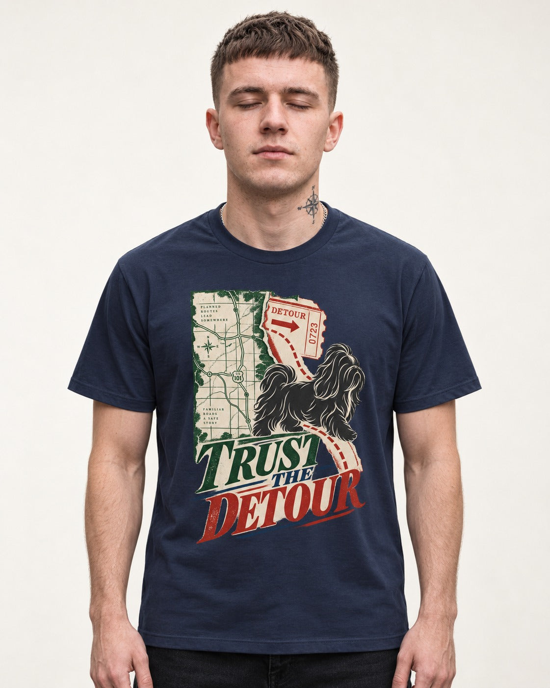 Shih Tzu Trust the Detour Road Map Graphic T-Shirt in Navy, worn by a model