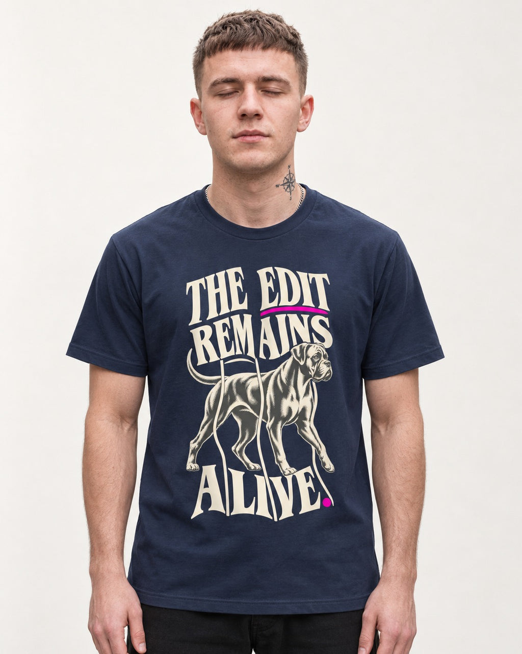 The Edit Remains Alive Boxer T-Shirt in Navy, worn by a model