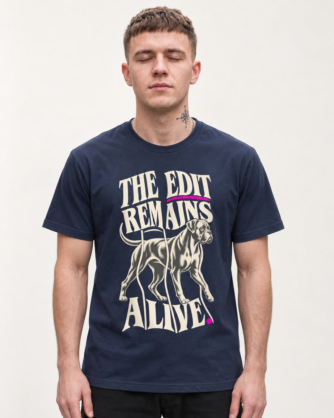 The Edit Remains Alive Boxer T-Shirt in Navy, worn by a model