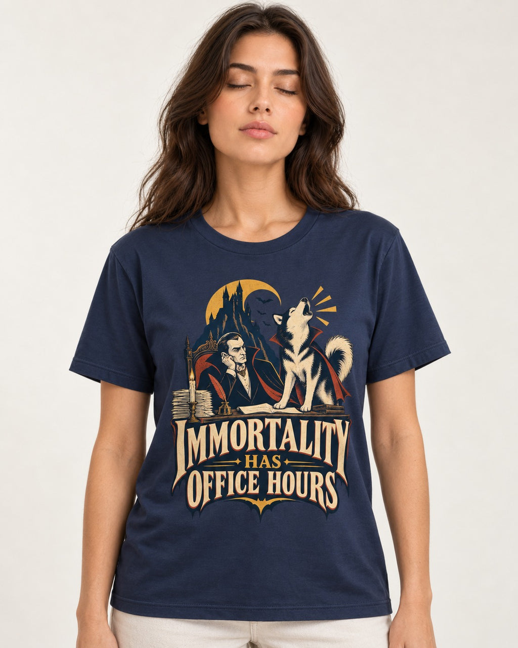 Husky Immortality Has Office Hours Vampire Office Graphic T-Shirt in Navy, worn by a model