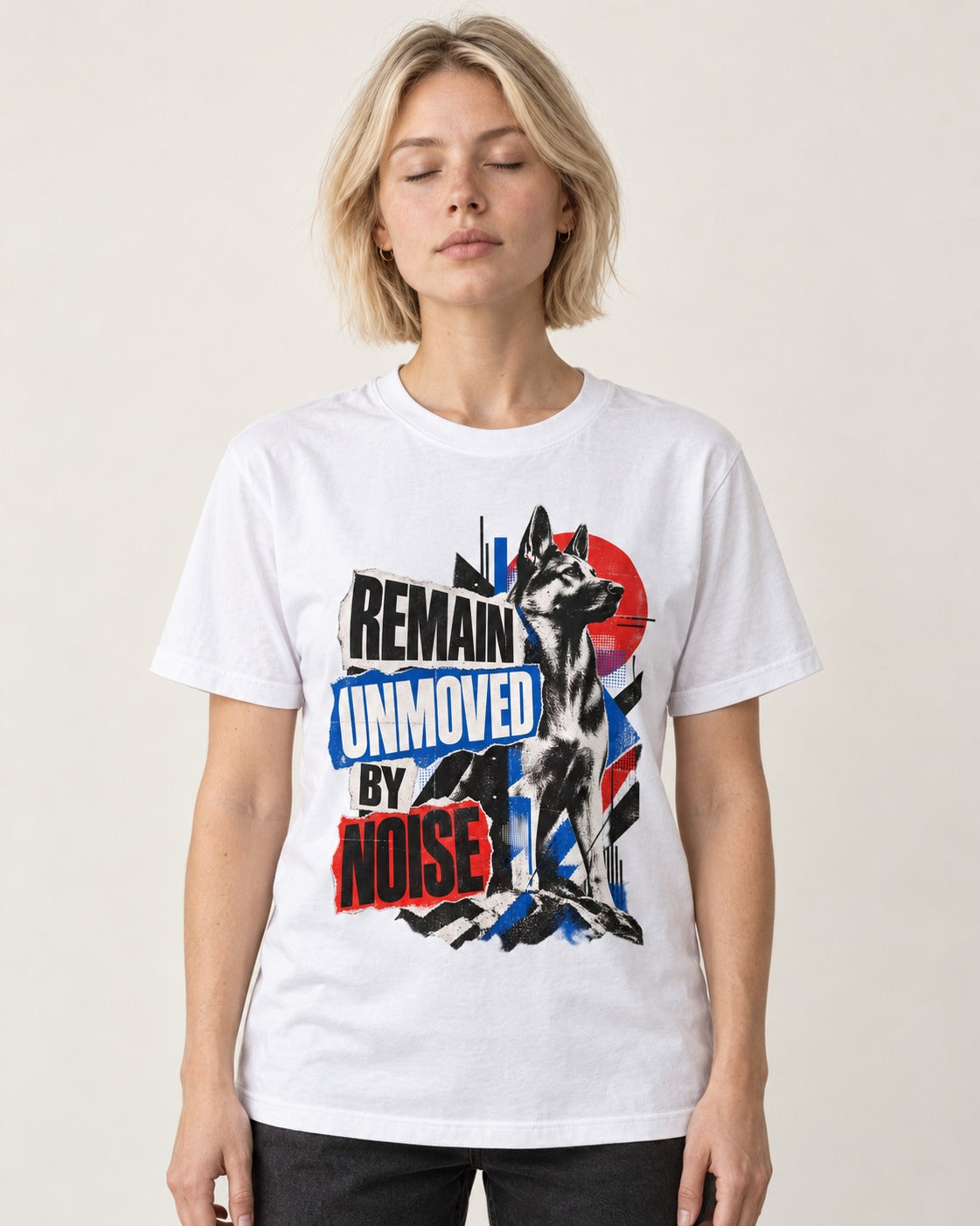 Remain Unmoved By Noise Brutalist Collage German Shepherd Dog Graphic T-Shirt in White, worn by a model