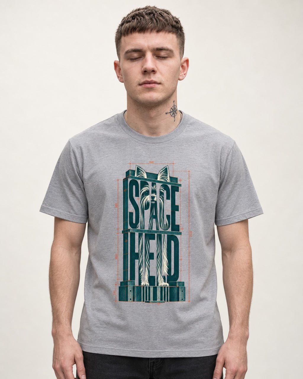 Yorkshire Terrier Space Head T-Shirt in Sport Grey, worn by a model