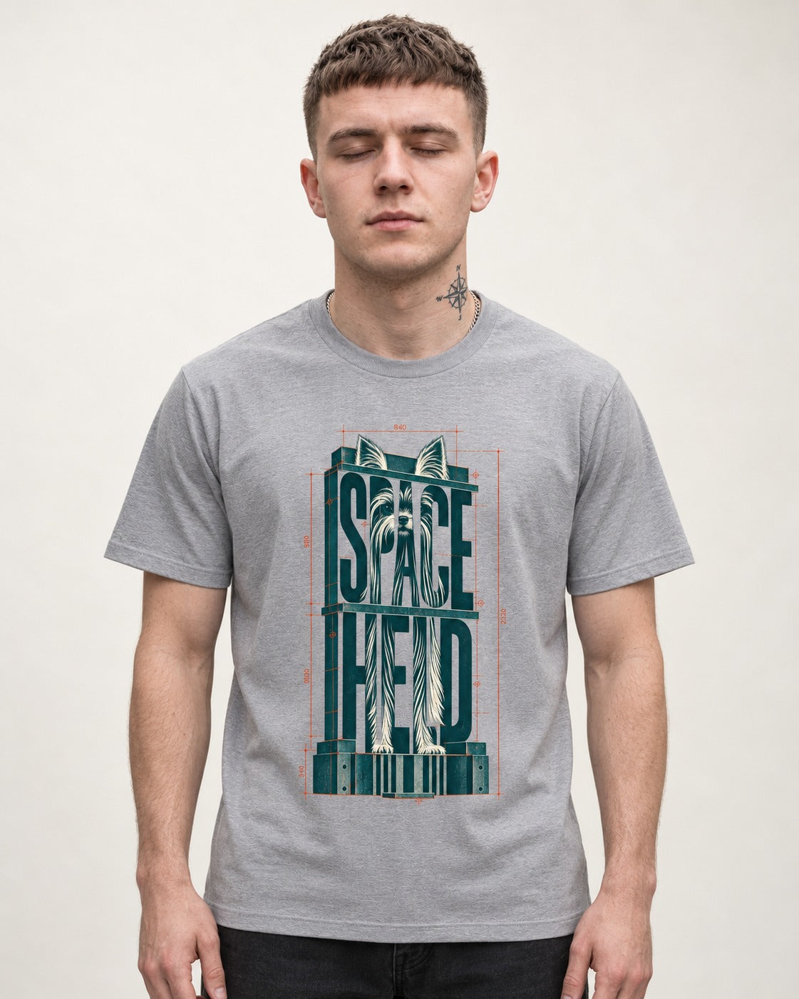 Yorkshire Terrier Space Head T-Shirt in Sport Grey, worn by a model