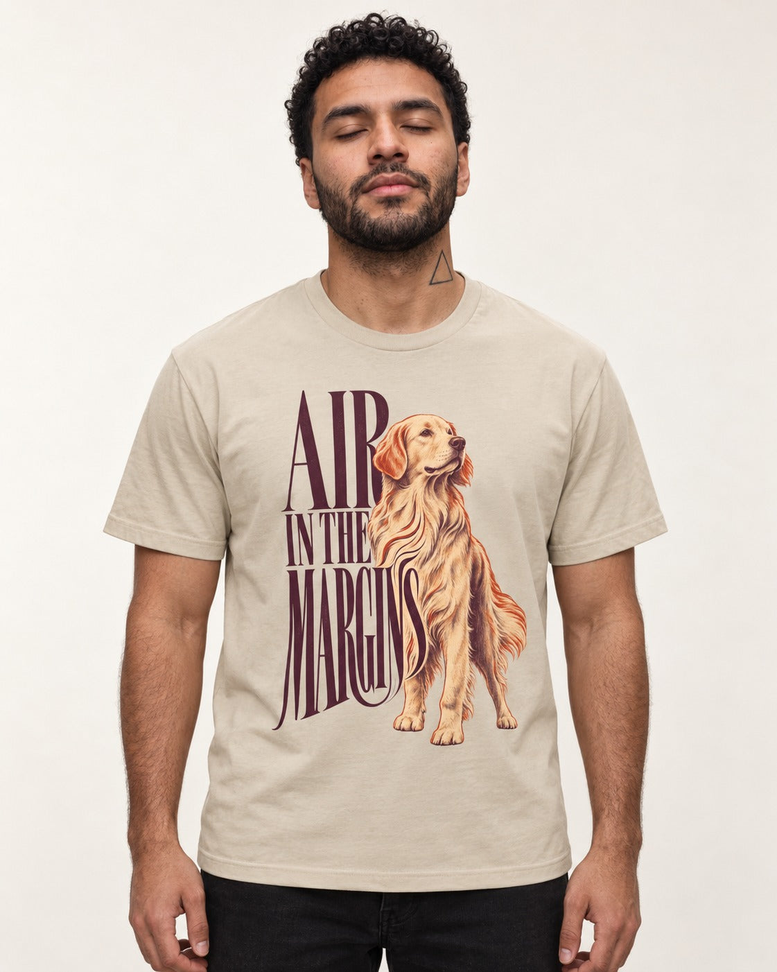 Golden Retriever In the Margins T-Shirt in Sand, worn by a model