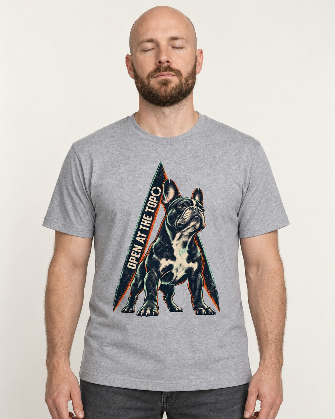Frenchie Open at the Top T-Shirt in Sport Grey, worn by a model