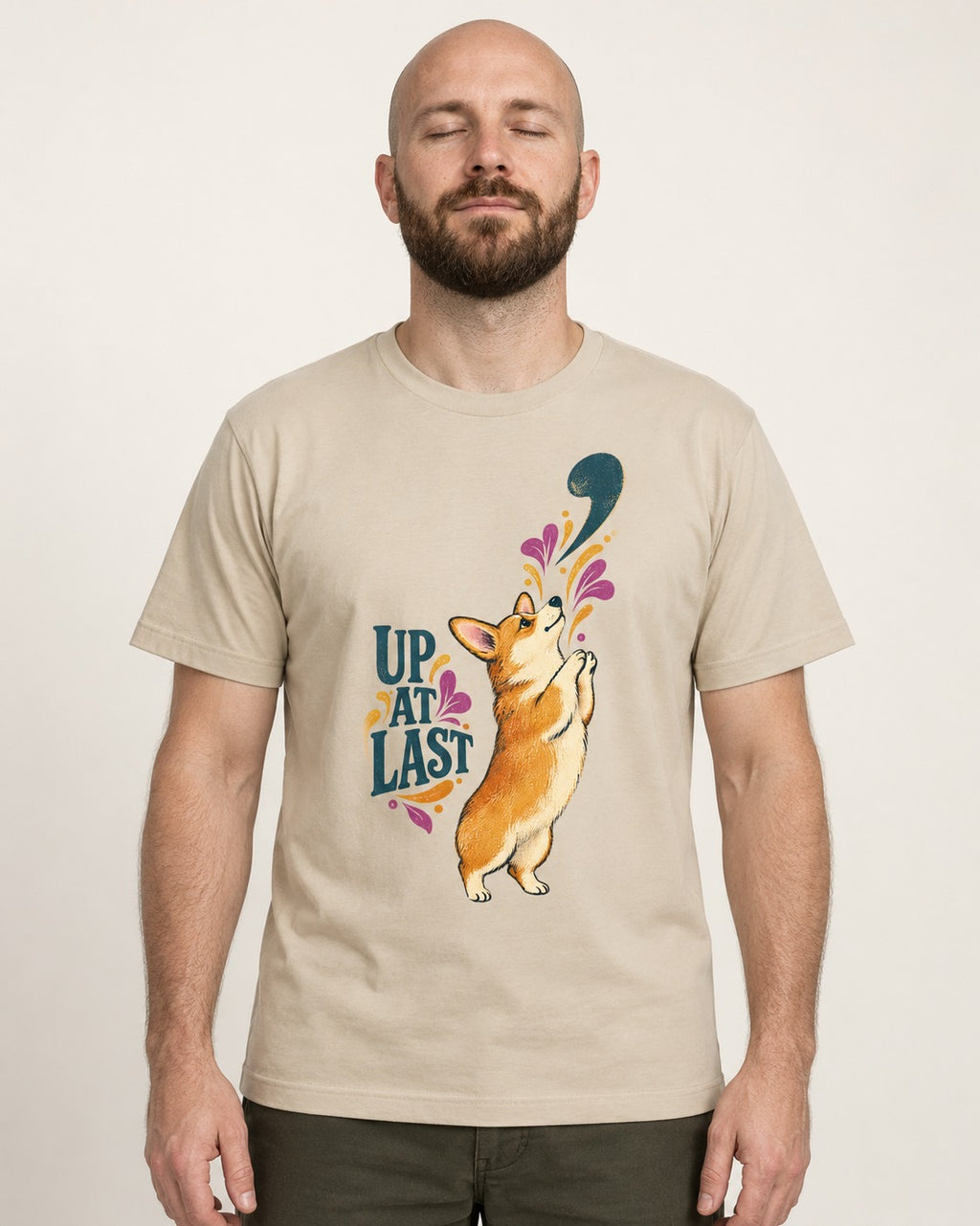 Corgi Up at Last T-Shirt in Sand, worn by a model